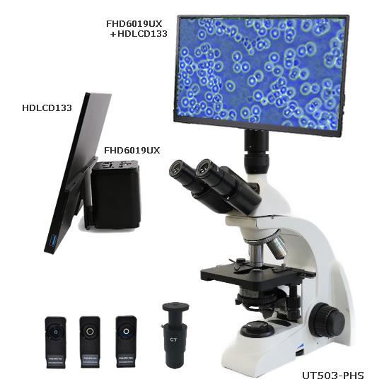 【UT503-PHS】位相差・暗視野 生物顕微鏡/1080p-LCDモニター付HDMIカメラセット - 画像 (2)
