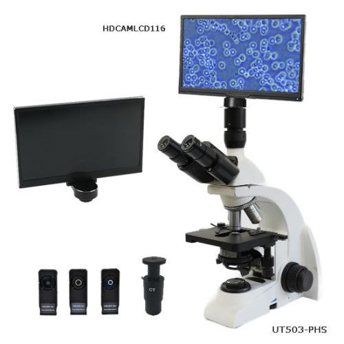 【UT503-PHS】位相差・暗視野  生物顕微鏡／1080p-LCDモニター付HDMIカメラセット