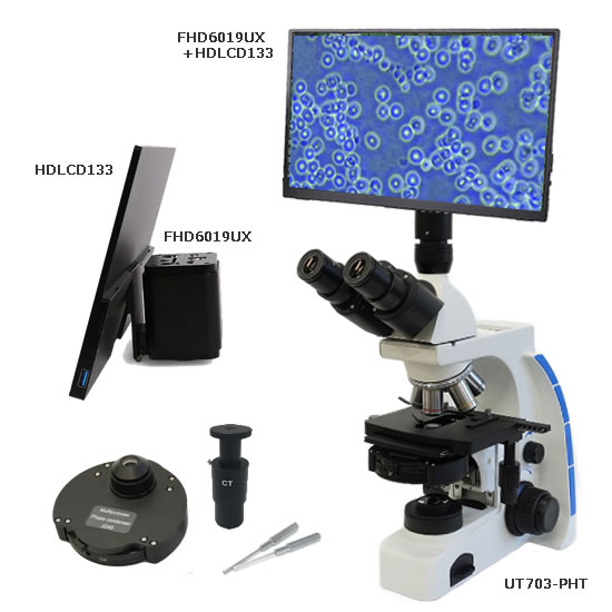 【UT703-PHT】位相差・暗視野 生物顕微鏡/1080p-LCDモニター付HDMIカメラセット