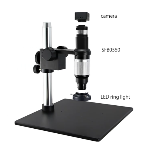 【SFB0550】アポクロマート仕様-単眼ズームデジタル顕微鏡／パラレル光学系／LEDリングライト／標準スタンド／4Kカメラ